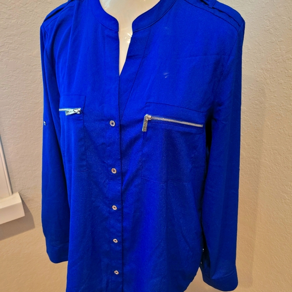 Calvin Klein Band Collar Roll Up Sleeve Blouse